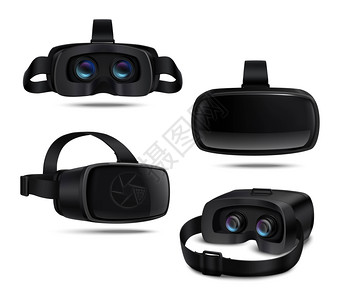 虚拟现实模拟器现实的VR耳机真实的黑色VR耳机同的侧观察,孤立白色背景矢量插图上插画