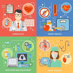 心内科平2x2图标彩色心内科平2x2图标心脏病专家的药物设备,为心脏健康治疗矢量插图图片