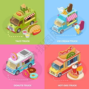 食品卡车4等距图标广场街头食品卡车4等距图标广场横幅与玉米饼冰淇淋甜甜圈矢量插图背景图片