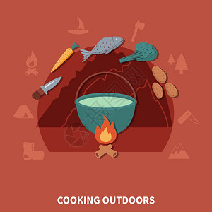 户外烹饪的徒步旅行设备食品徒步旅行设备食品,用于户外烹饪元素矢量插图图片