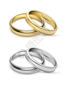 结婚金三件象征的婚礼物品象征婚礼物品与金银金属戒指现实风格矢量插图插画
