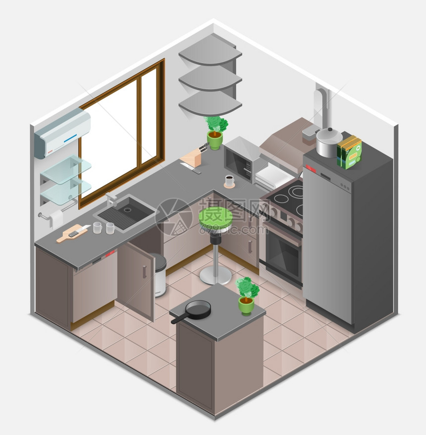 厨房内部等距厨房内部等距与家具设备器皿的平风格孤立矢量插图图片