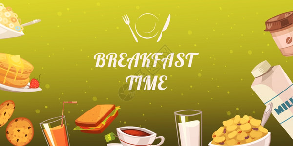 芥末背景的早餐小吃套零食早餐芥末背景与饮料烤片蛋糕烘焙食品平矢量插图图片