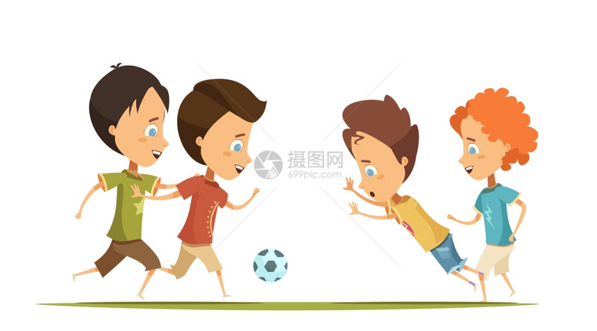 男孩踢足球卡通风格插图男孩穿着五颜六色的衣服,脸上情感,绿色的田野上踢足球,卡通风格的矢量插图图片