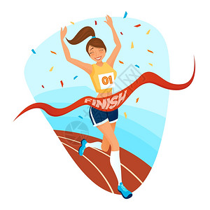 田径赛跑赢家女孩理念冠女孩与轻的女运动员跑步机上跑步,完成磁带平矢量插图插画