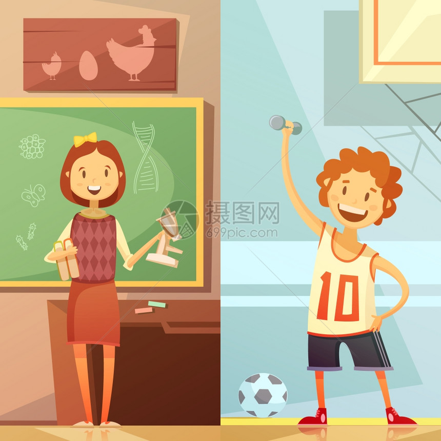 儿童教育2垂直卡通横幅中学垂直复古卡通横幅与生物课体育健身训练孤立矢量插图图片