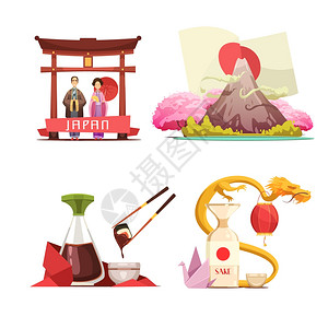 酱传统的日本文化4复古合套装日本文化传统为旅行者4复古卡通广场构图与寿司清酒孤立矢量插图插画