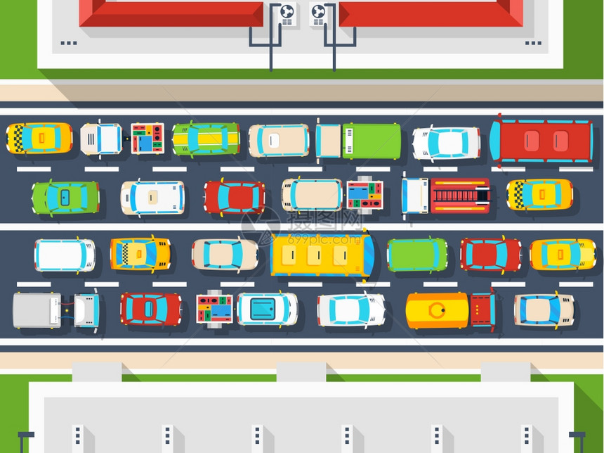 交通堵塞顶部视图海报城市交通堵塞的顶视图海报与许多同的车辆道路平矢量插图图片