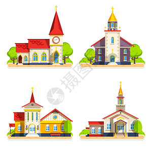 基督教建筑教堂平图标美丽的历史教堂建筑,同的建筑风格,平图标白色背景矢量插图插画
