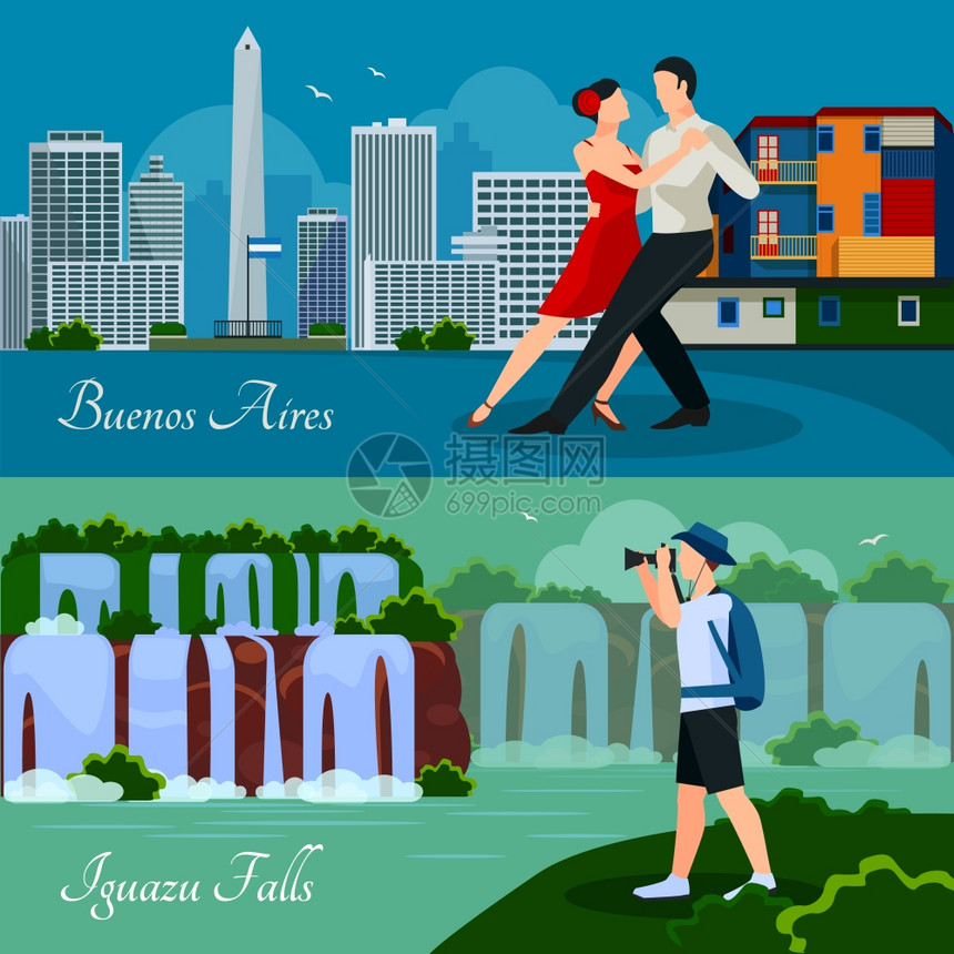 阿根廷文化自然2平横幅阿根廷文化地标自然2平水平横幅与瀑布城市景观舞蹈夫妇矢量插图图片