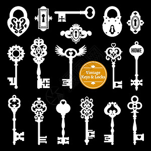 白色钥匙锁套白色钥匙锁黑色背景上的复古风格矢量插图图片