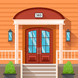 房子入口由壁板装饰的房子的前门房子的前门由米色壁板装饰,门廊露台植物浴缸灯笼墙壁平矢量插图插画