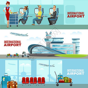 乘务员国际机场水平横幅国际机场水平横幅与候车室内部空姐乘客飞机机舱平矢量插图插画