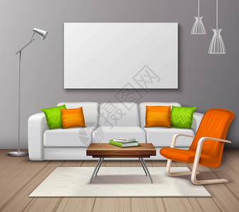 酒店布置的灯现代内部颜色模拟现实海报现代室内颜色选择家具布置现实的模型海报与装饰枕头扶手椅矢量插图插画