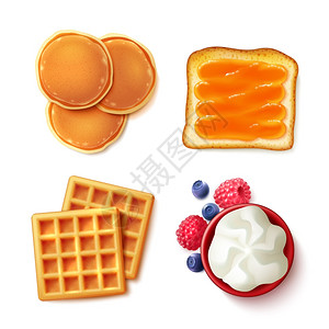 奶油包早餐食物4查看物品早餐菜单项目4现实的顶部VIE图像方形构图与薄煎饼华夫饼吐司奶油分离矢量插图插画