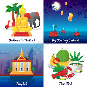 泰国水上市场泰国文化4平图标广场泰国地标食品符号节日4平图标,方形海报,抽象孤立矢量插图插画