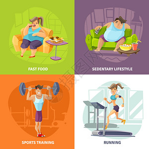 久坐不运动肥胖健康图标肥胖健康图标久坐动的生活方式运动训练符号卡通孤立插画