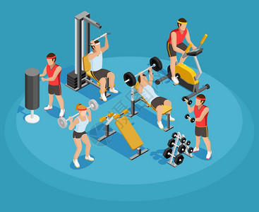 健身房等距模板健身房等距模板与人体育设备彩色风格的蓝色背景矢量插图图片
