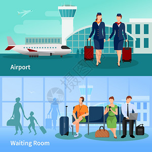 机场人平作文机场平构图,候机室的人空姐机场的机场航站楼背景矢量插图图片
