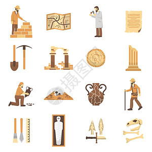 古代图考古学图标集描绘考古学元素的彩色平图标找设备科学家矢量插图插画