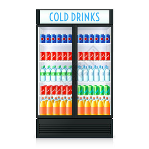 冰箱冷冻室垂直冰箱模板立式冰箱模板与闭门透明璃可乐等饮料内隔离矢量插图插画