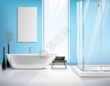 白色浴缸逼真的浴室内部现代轻浴室逼真的室内与白色浴室淋浴室装饰配件矢量插图插画