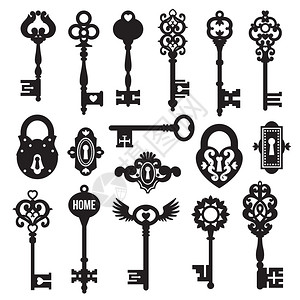 黑色钥匙锁套黑色钥匙锁白色背景上的复古风格矢量插图图片