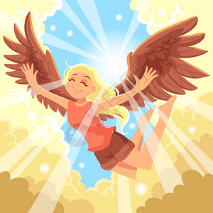 自由插图自由与飞行女孩天空太阳云平矢量插图图片
