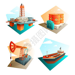 海洋工业石油工业4个等距图标石油工业4等距图标正方形与萃取精炼运输石油燃料汽油隔离矢量插图插画