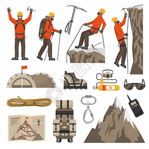 绳子图标爬山登山图标彩色平图标登山登山设备矢量插图插画