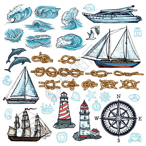海洋素描套装海洋素描套船艇绳结灯塔波浪海洋动物罗盘孤立矢量插图图片
