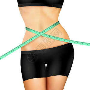 美女测量臀围苗条的健身女人苗条的健身妇女身体黑色短裤顶部与测量磁带白色背景现实矢量插图插画