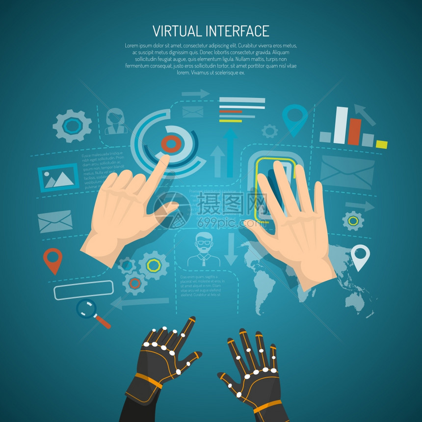虚拟接口虚拟界与人的手线手套传输触觉平矢量插图图片
