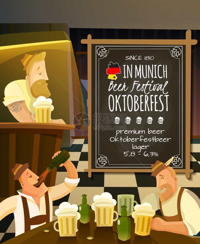 十月节酒吧插图十月节酒吧卡通背景与啤酒人民矢量插图图片