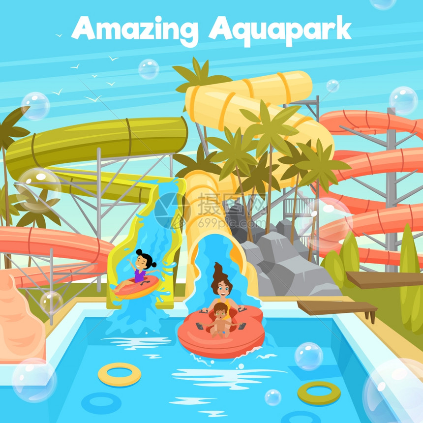 阿卡帕克海报模板水上公园海报模板与水池滑动管道,欢快的家庭儿童平风格的矢量插图图片