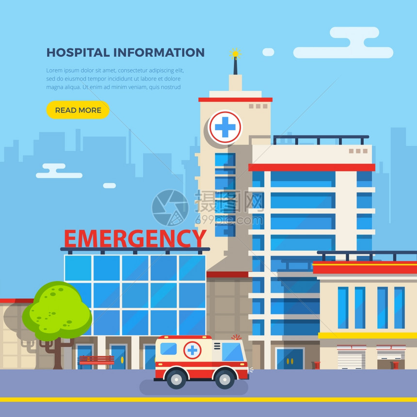 医院平插图医院大楼急救车城市景观背景平矢量图上图片