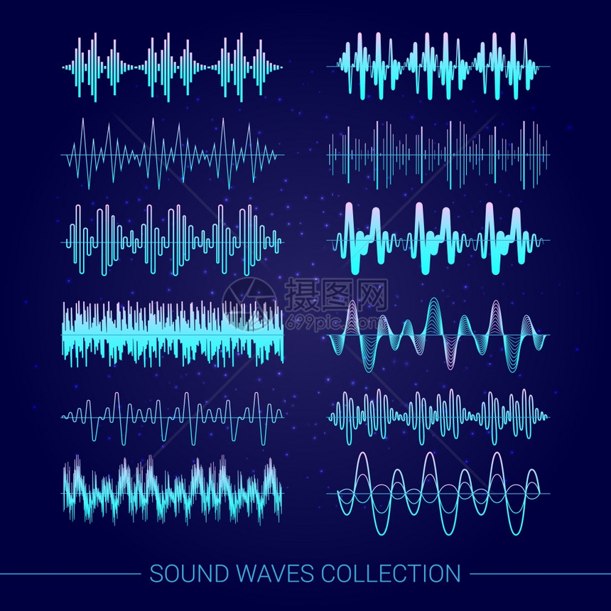 声波收集声波收集与音频符号蓝色背景平孤立矢量插图图片