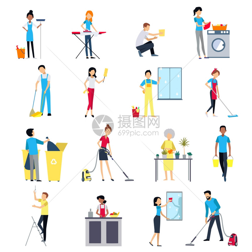 清洁人员图标清洁人员平彩色图标与男子妇女的房子工作清洁隔离矢量插图图片