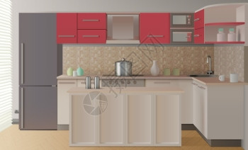 橱柜内部厨房内部成彩色厨房内部构图现代风格现实与早餐酒吧矢量插图插画