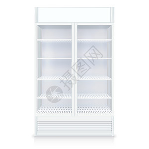 白色架子现实的空冰箱现实的空冰柜与透明的门货架白色隔离矢量插图插画
