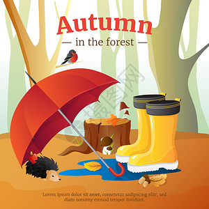 红色的靴子秋季森林元素构图海报秋天森林海报上用红色的雨伞刺猬用树干背景卡通矢量插图插画