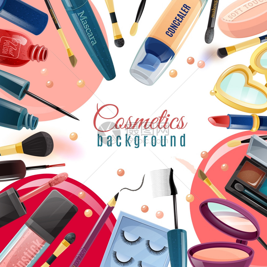 化妆品平背景彩色化妆品平背景与各种工具产品的化妆矢量插图图片