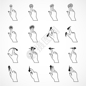 手指数字触摸手势黑线图标16个黑线图标成像手势,用于与智能手机平板电脑垫矢量插图工作插画
