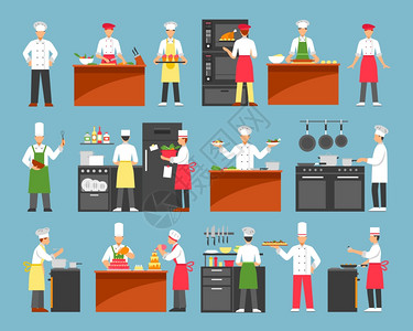 烤箱厨房专业烹饪装饰图标专业烹饪装饰图标与厨师炊具服务员与托盘隔离矢量插图插画
