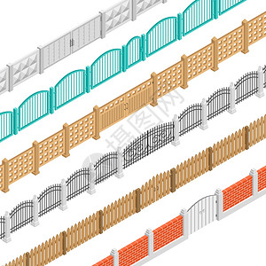 栅栏门等距元件彩色栅栏与大门等距元素砖混凝土木镐能孤立矢量插图插画