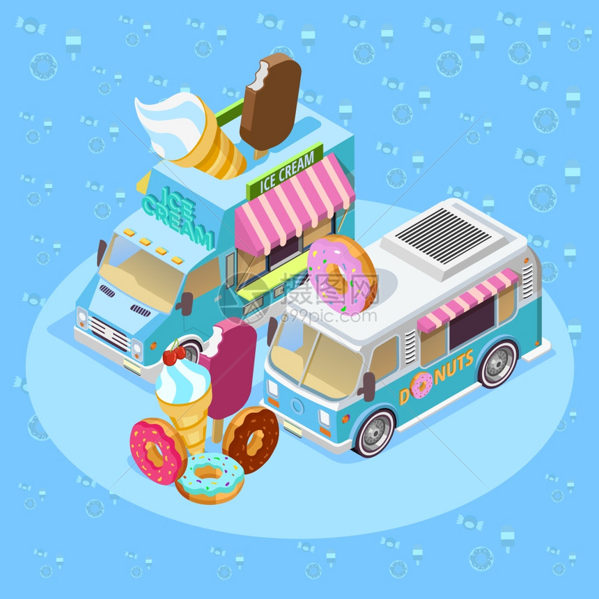 食品卡车等距构图海报街头食品卡车等距构图海报与冰淇淋包车甜甜圈巴士蓝色背景矢量插图图片
