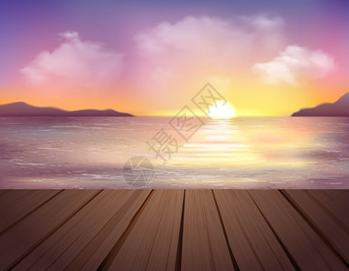 日落海洋背景景观与海山码头日落五颜六色的天空与云卡通矢量插图背景图片