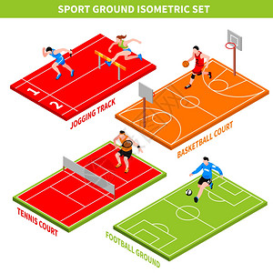 运动等距等距与慢跑轨道彩色球场各种体育游戏的基础上白色背景矢量插图背景图片
