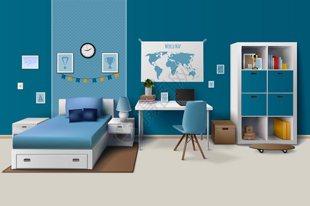 家具墙青少男孩房间内部现实形象青少男孩房间内部与时尚的工作家庭橱柜床蓝色现实矢量插图插画