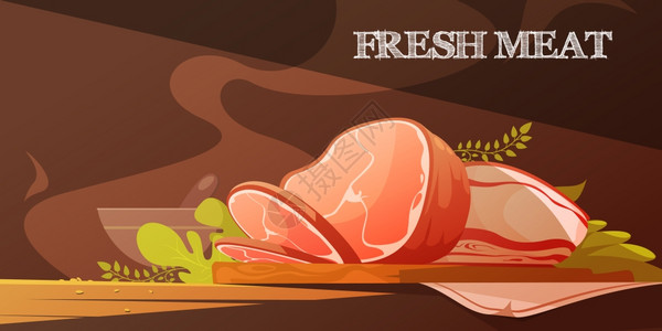 牛肉屠宰鲜肉卡通插图新鲜肉类平矢量插图卡通风格与美味的培根切片烤猪肉火腿插画